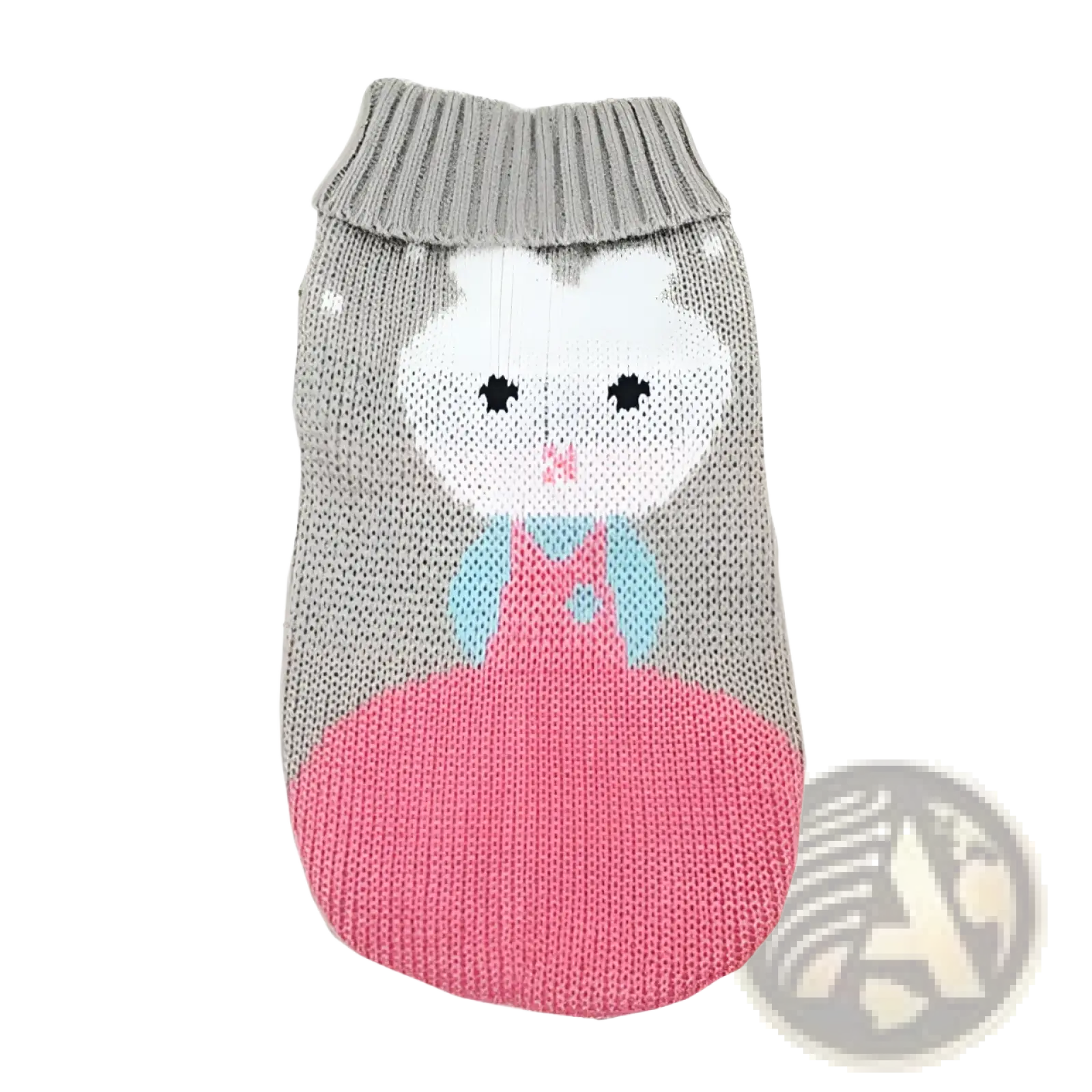 Gray knitted dog sweater with white bunny face, light blue sleeves, and pink skirt for festive winter wear