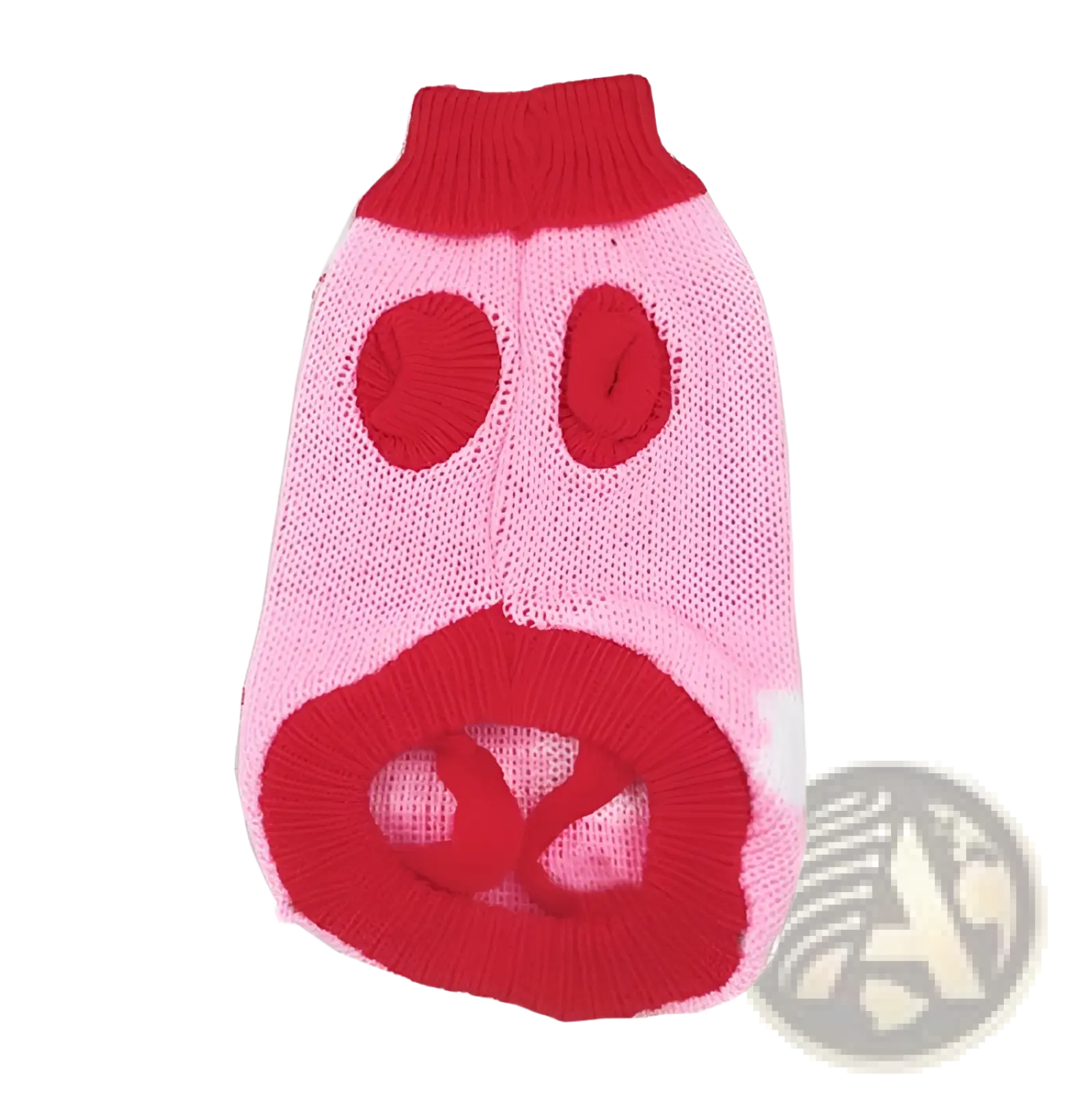 Pink knitted dog sweater with red pig face accents designed for festive winter pet apparel with snowflake patterns