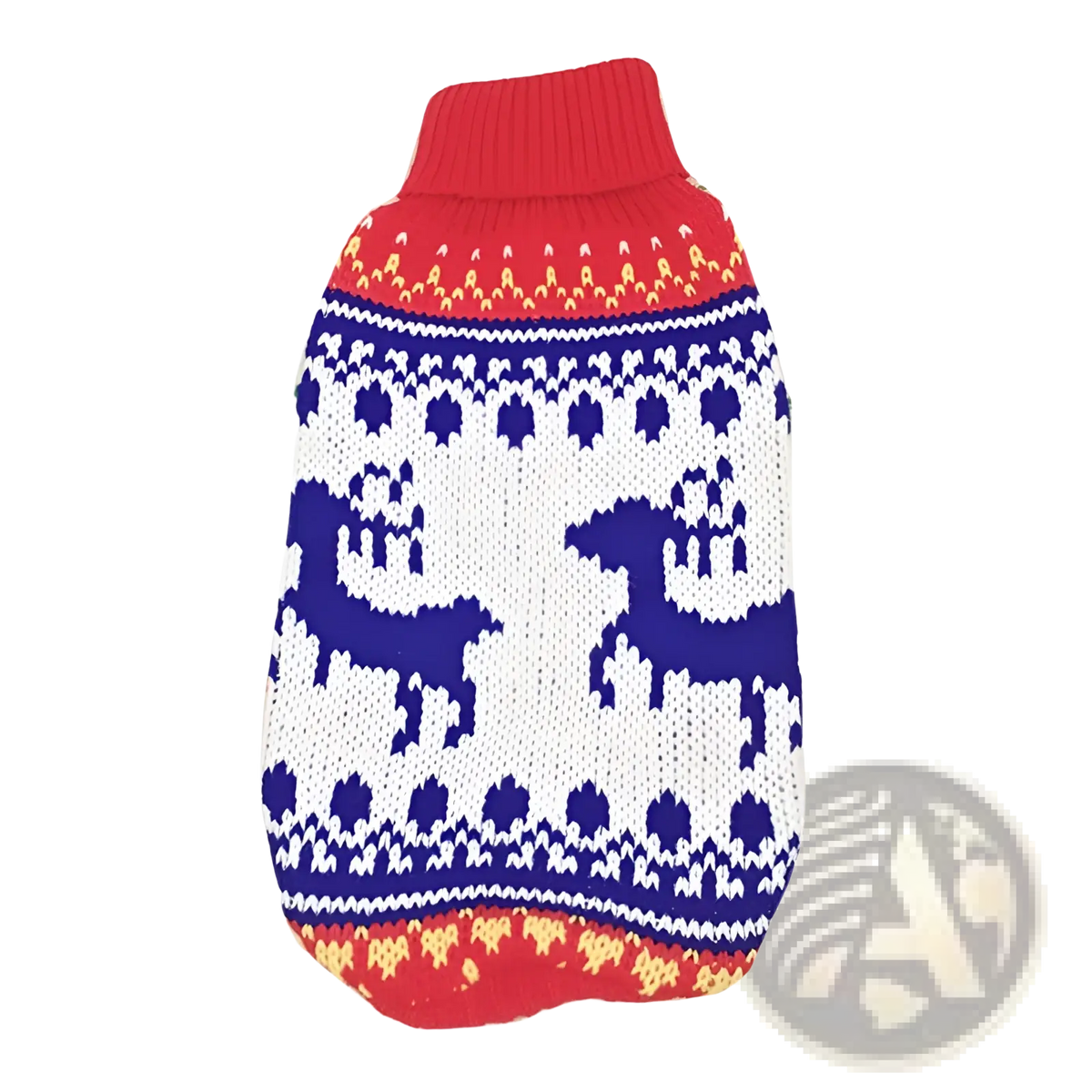Festive knit pet sweater in red blue and white with reindeer patterns for winter dog apparel