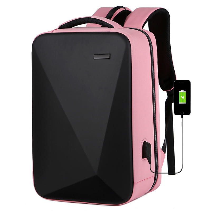 Pink and black geometric-patterned business laptop backpack made of oxford cloth with usb charging port shown from the back side.