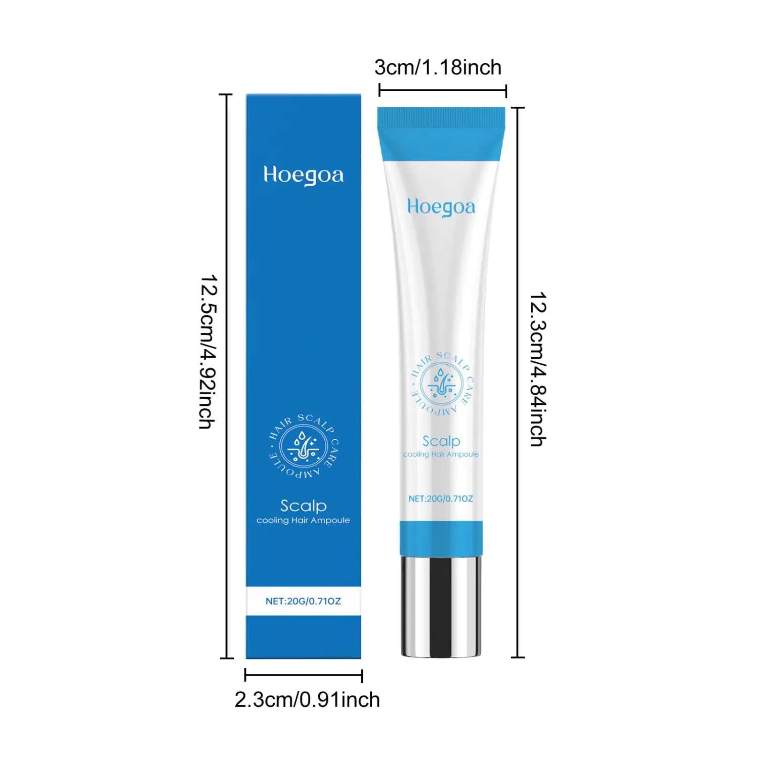 Blue and white Hoegoa scalp cooling hair ampoule in a sleek tube with a metallic silver cap for vitamin B5 repairing essence.