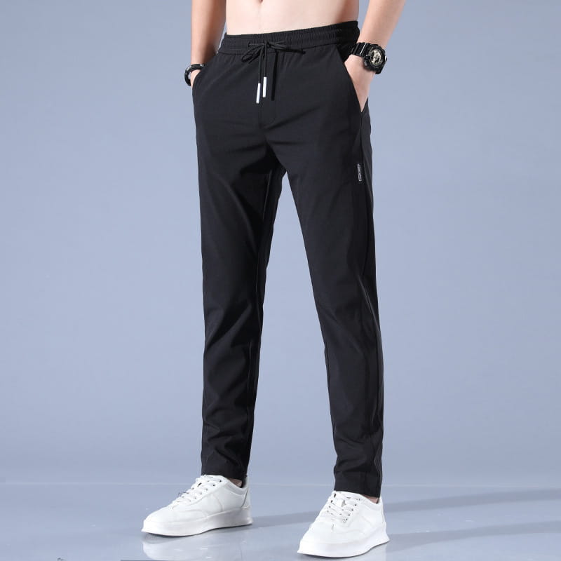 black men ice silk business casual pants with a drawstring waistband and subtle side pockets crafted from lightweight fabric