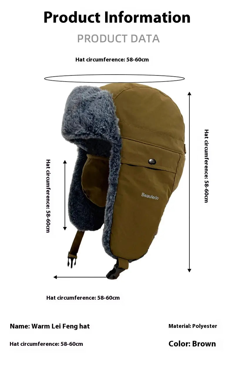 Brown fleece-lined winter ushanka hat made of polyester with gray faux fur trim and an adjustable strap.