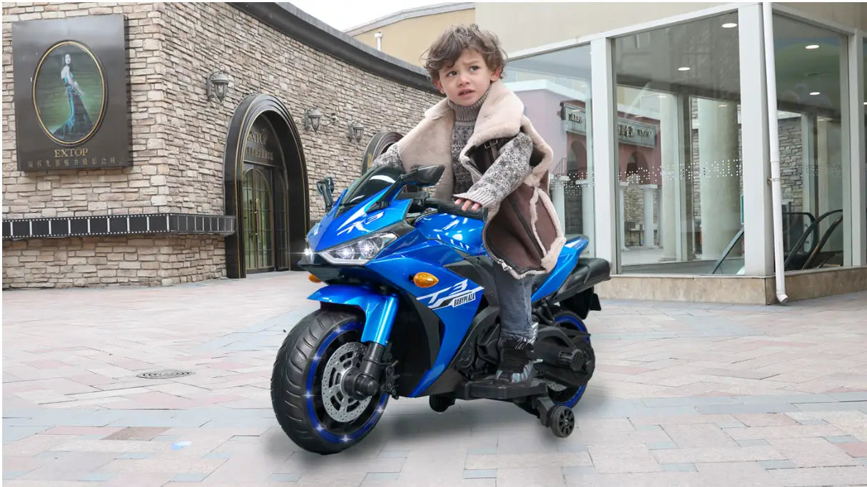 moto enfant 12 V Yamaha R3 jouet de moto sportive bleue avec des finitions noires et un garde-boue avant argenté, conçus pour les enfants