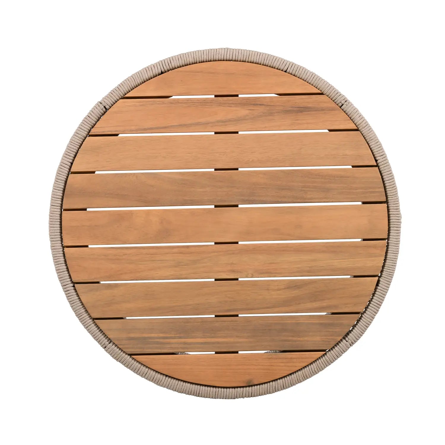 Rustic industrial coffee side table with a circular wooden top in natural light brown finish featuring horizontal slats and a textured beige rope border.