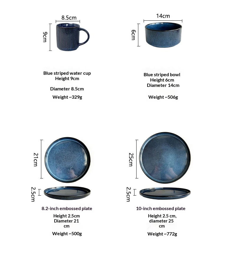 Blue striped ceramic water cup with vertical ridges and matching handle from ceramic dinnerware set 16 piece vintage embossed white.