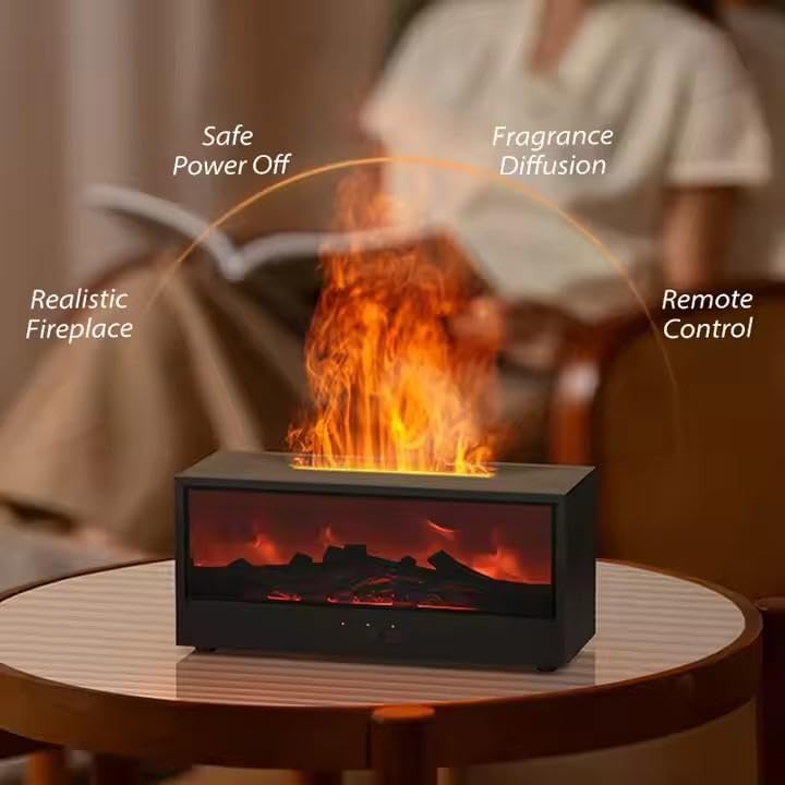 Black electric fireplace Flame Humidifier Volcano Aromatherapy Diffuser Light with realistic flames and glowing embers designed for ambiance and fragrance diffusion.