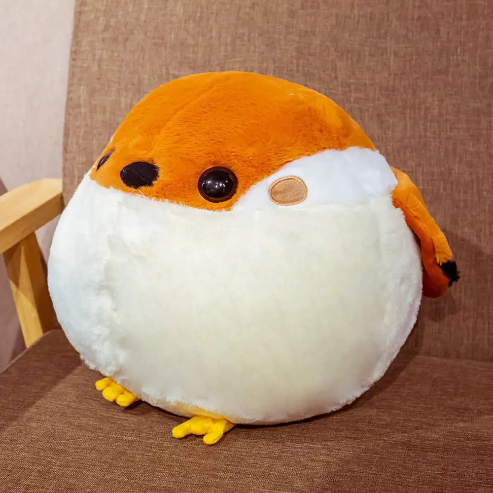 Cute orange and white sparrow plush bird toy with black eyes, tan beak, yellow feet, and soft fluffy material ideal as a soft animal doll.