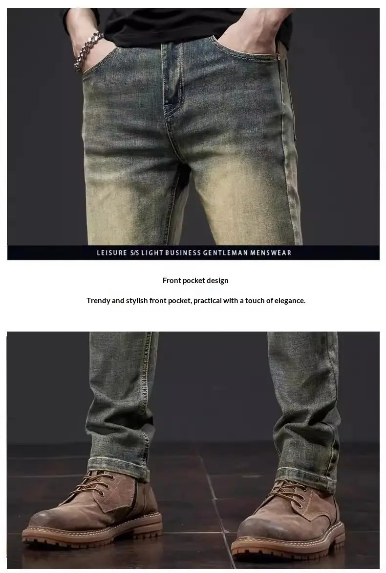 men slim fit green denim jeans featuring distressed blue denim with a faded wash and classic front pocket design