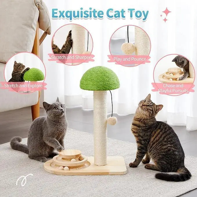Green mushroom-shaped cat scratching post with sisal-wrapped scratching post and wooden base featuring a ball track.