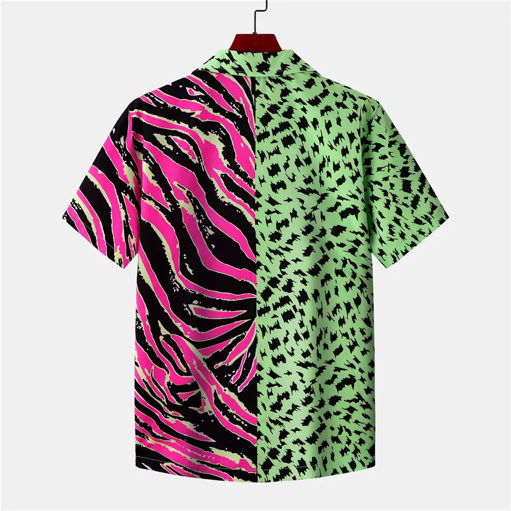 Split animal print pink and green short sleeve shirt featuring a vibrant bold design with neon pink and black zebra stripes on one half and lime green with black leopard spots on the other.