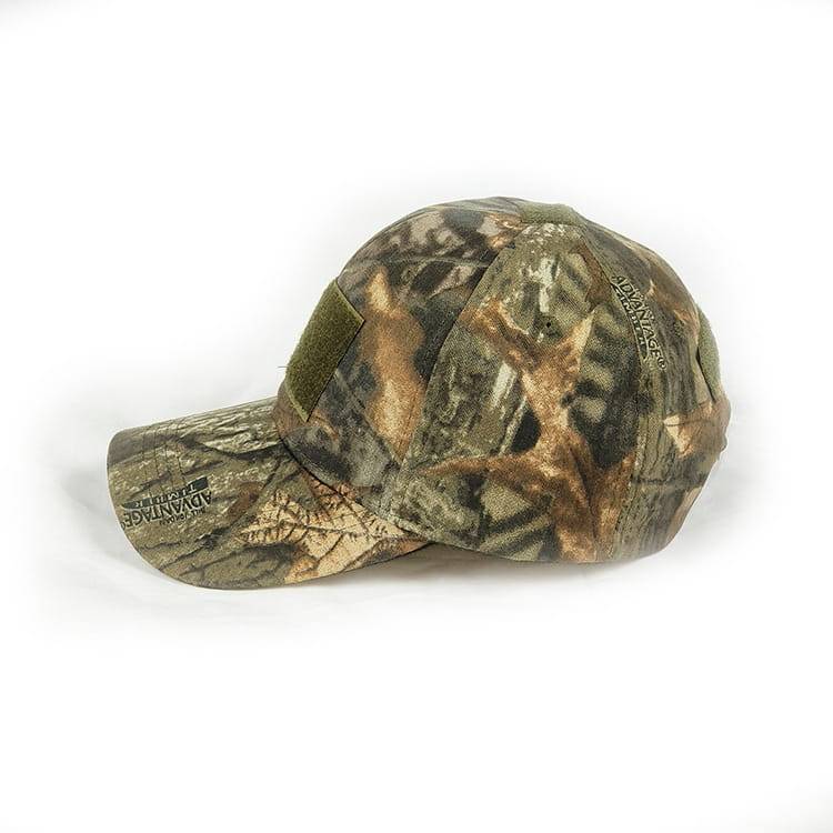 Tactical camouflage mens baseball cap military sun hat with a textured pattern of greens browns and tans.