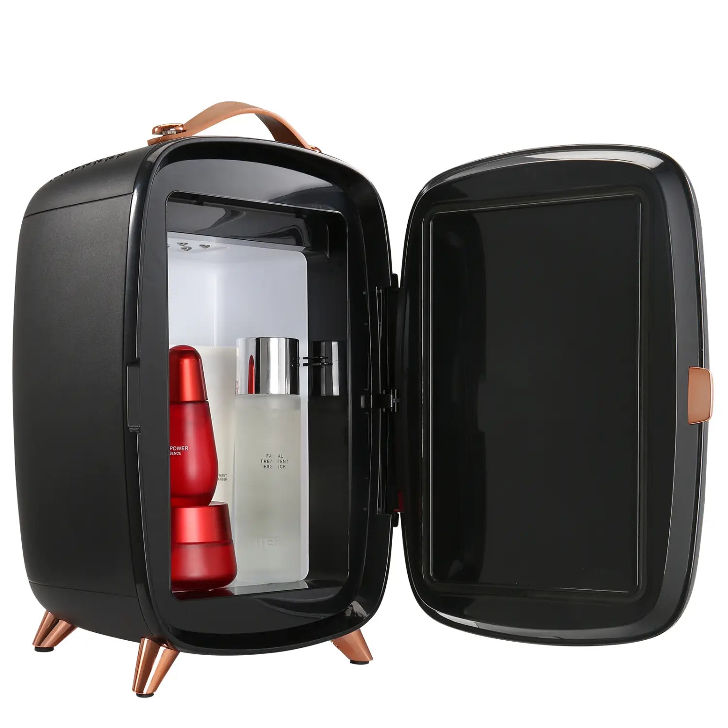 Réfrigérateur Vevor 6 l pour soins de la peau noir et or rose avec miroir à LED et accents or rose, présentant un design moderne et portable de mini-réfrigérateur épuré.