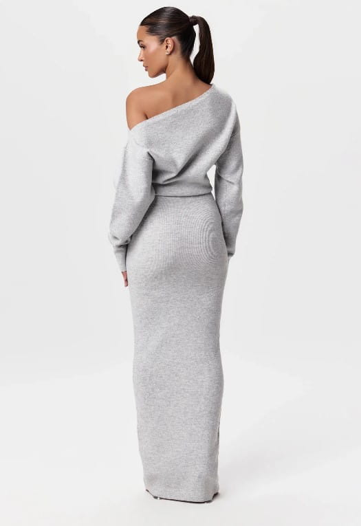 A sleek gray off shoulder long sleeve knitted bodycon maxi dress with a ribbed texture made from knit fabric.