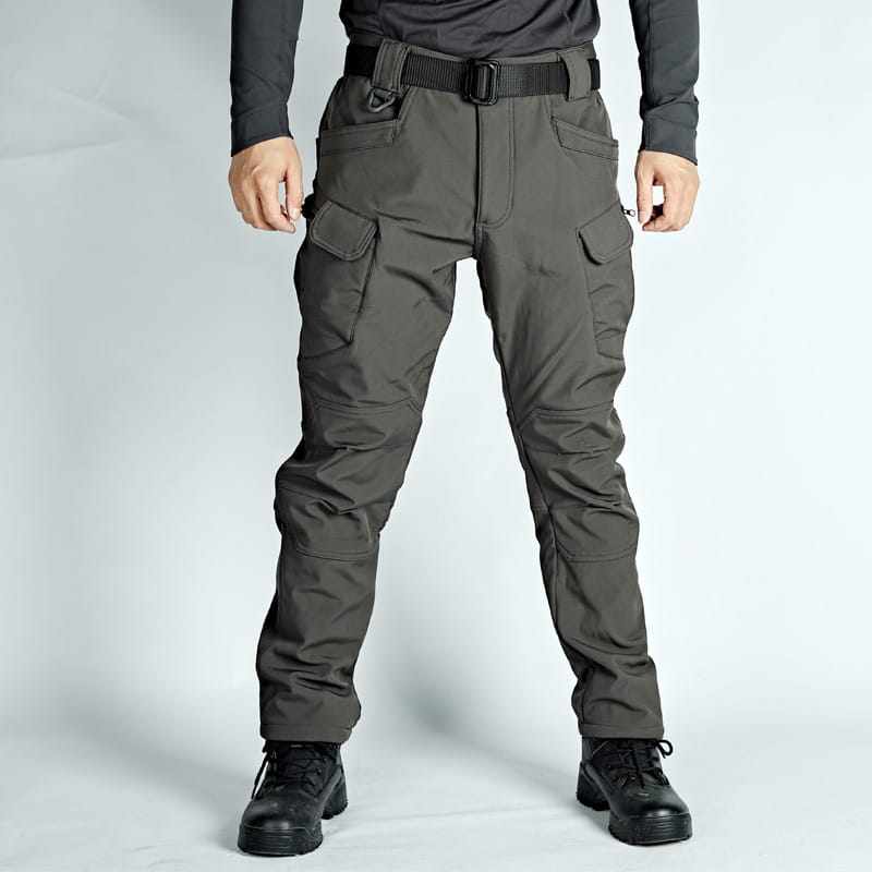 Men’s fleece-lined waterproof tactical pants in dark gray featuring multiple cargo pockets and a black belt.