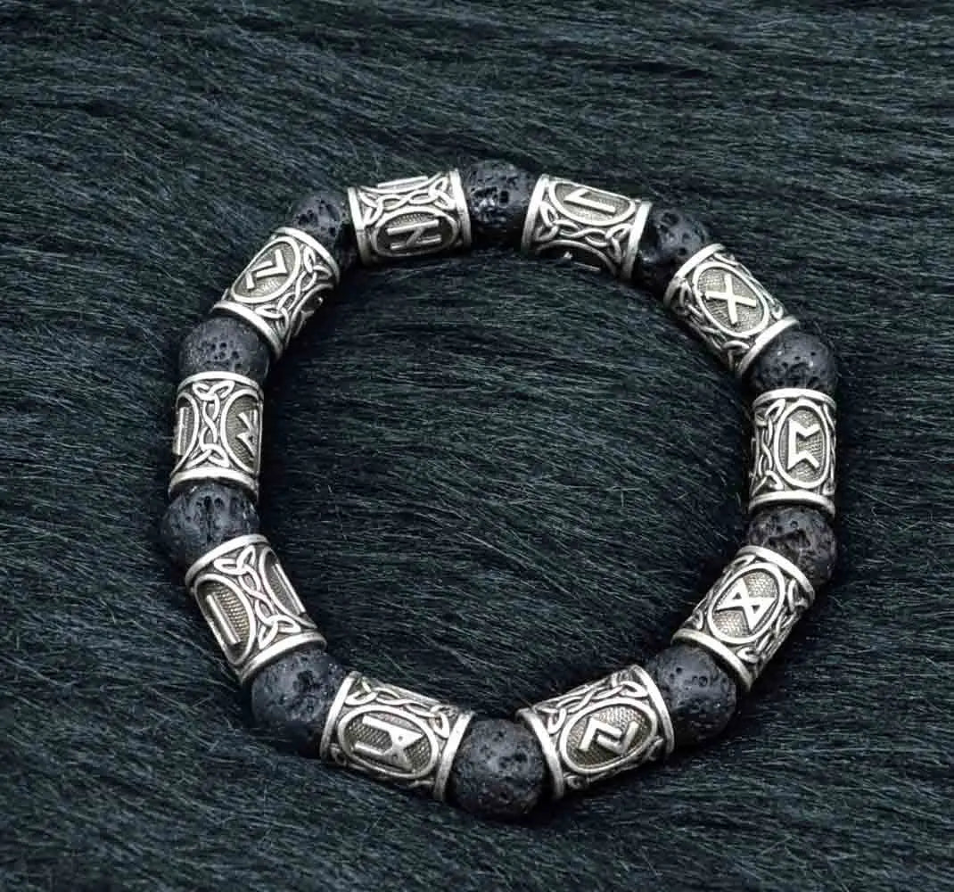 asgard silver rune and black lava stone viking bracelet featuring silver rune-themed beads and dark volcanic stone accents.