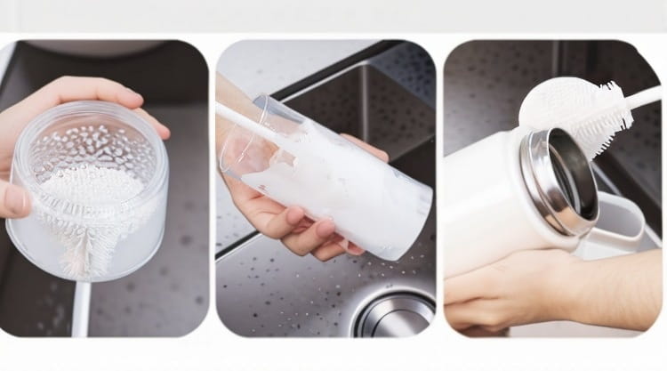 White plastic cup brush with soft bristles and a clear long handle designed for glassware cleaning.