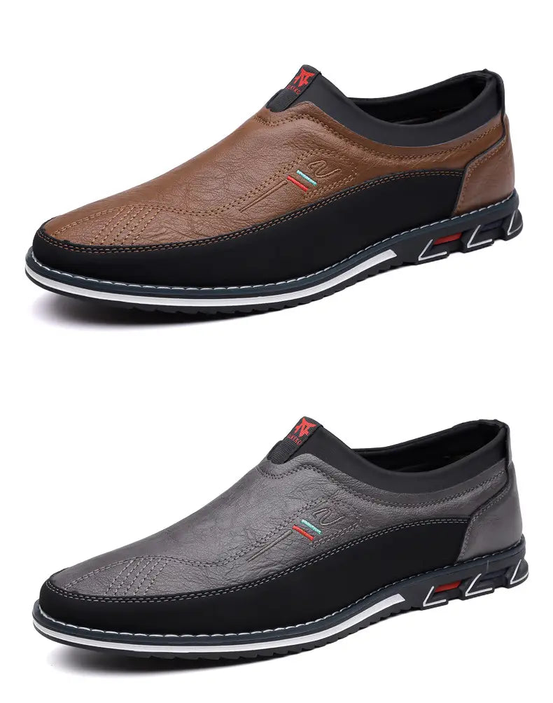Mocasines de vestir de cuero para hombre, estilo casual de negocios, de color marrón y gris con detalles negros, parte superior de cuero cosida y suela de goma blanca con ribete.