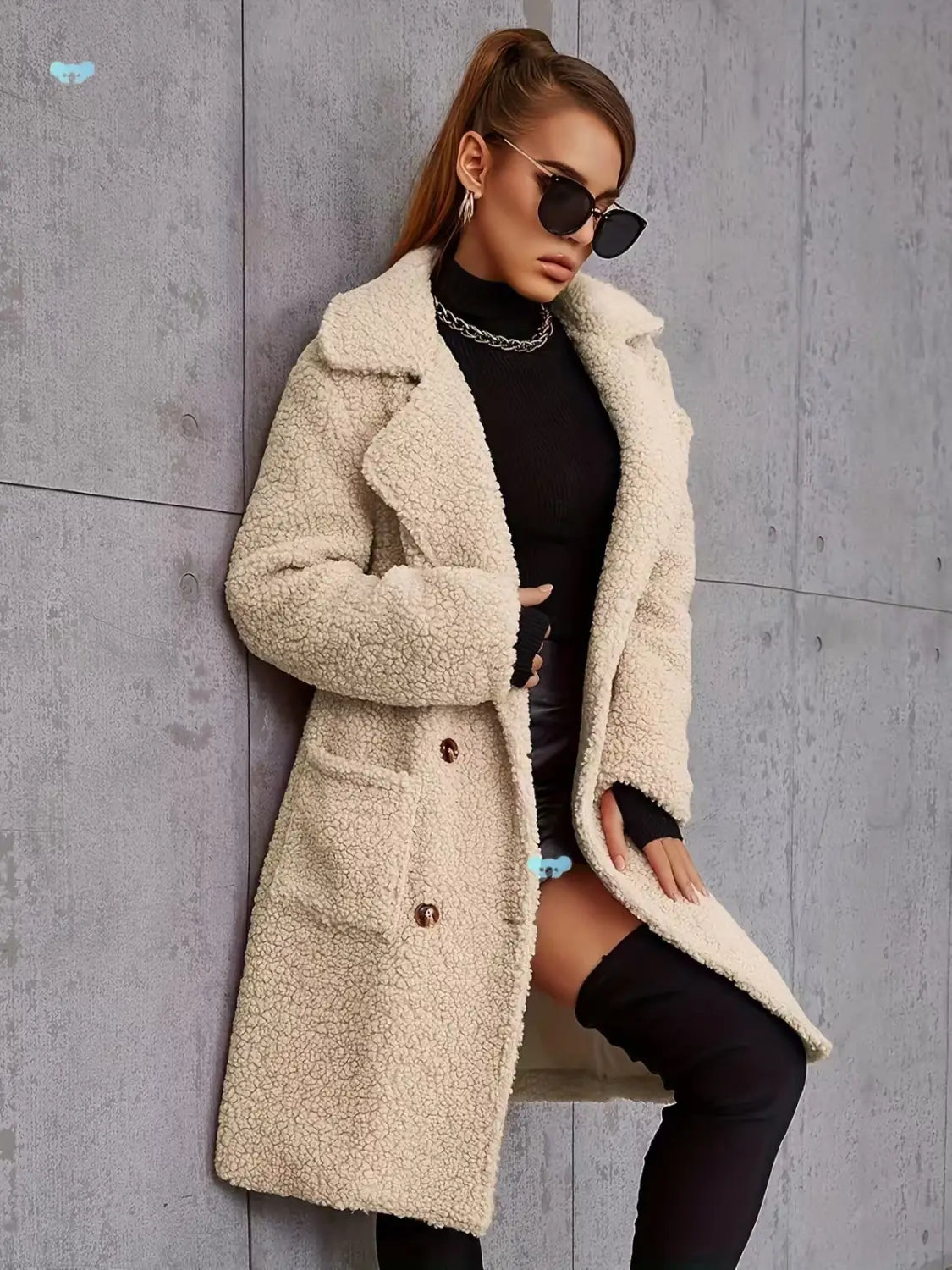Manteau teddy mi-long doublé en polaire de couleur crème, avec une texture moelleuse et un design classique à double boutonnage.