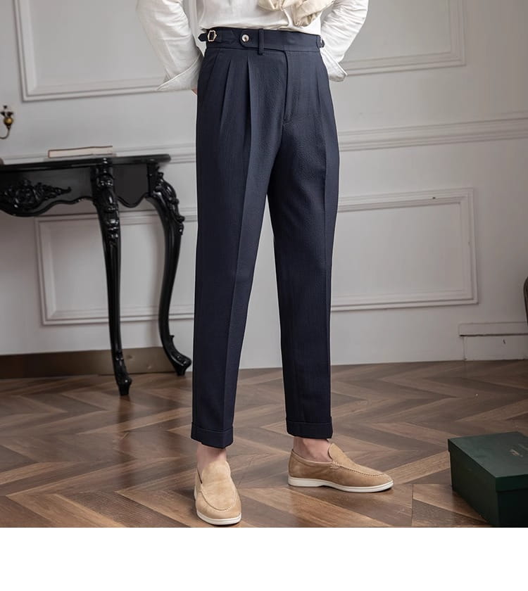 dark navy slim fit pleated summer linen suit trousers with tailored fit and belt loop detail