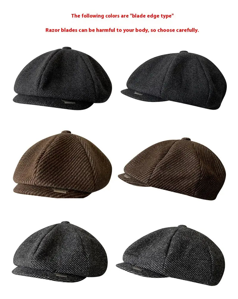 black and brown herringbone woolen octagonal flat caps with a structured six-panel design
