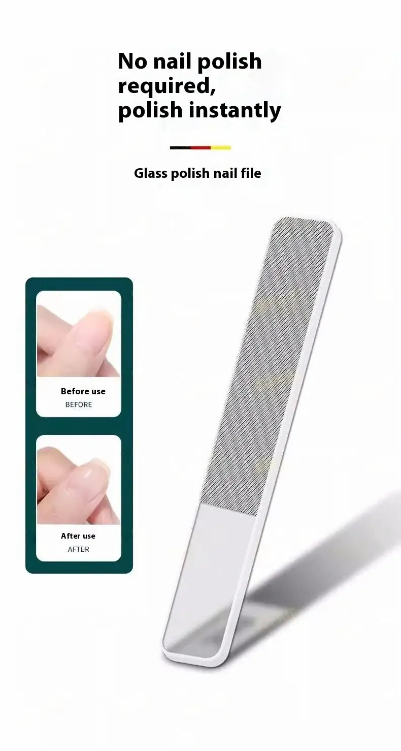 White glass polish nail file with a textured gray abrasive surface and smooth mirrored end included in the Bevel nail clippers 3 piece anti splash set