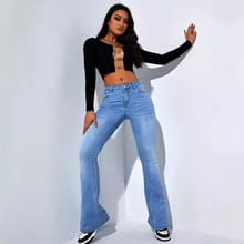 Women’s high-waisted stretch skinny jeans in flared blue denim with a classic straight-leg cut and subtle fading details.