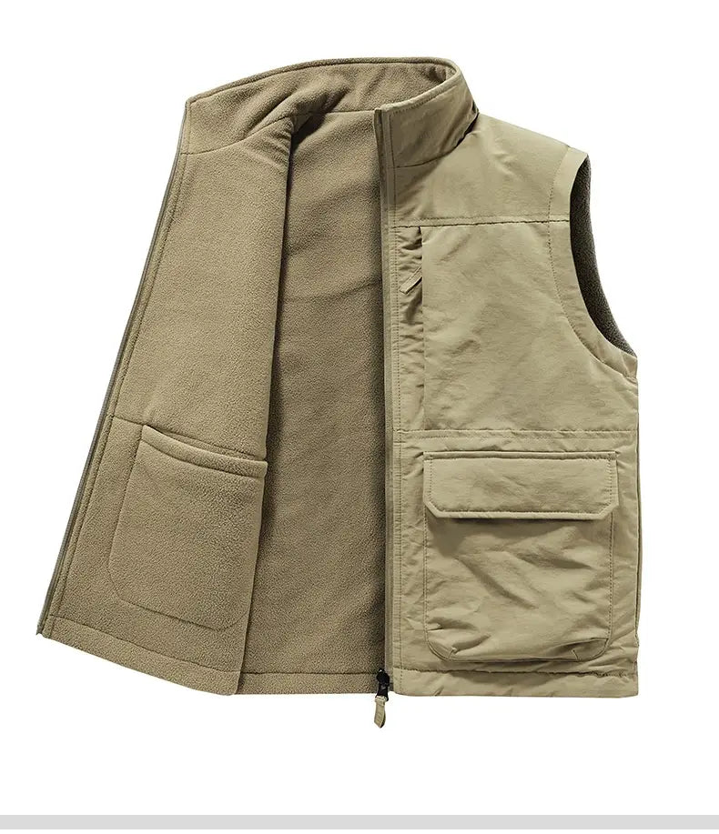 men fleece cargo vest in khaki color with fleece lining multiple pockets and zipper closure suitable for outdoor outerwear