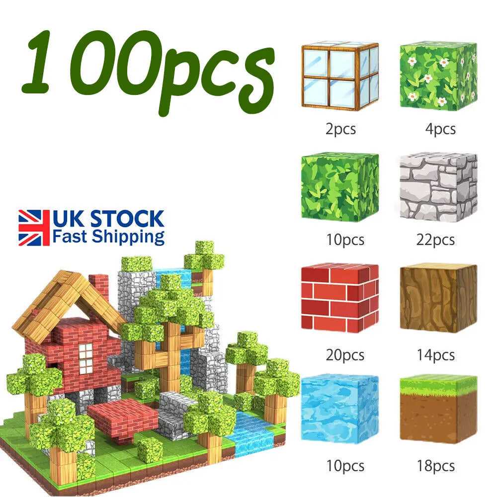 A 100-piece minecraft magnetic building blocks educational toy set featuring colorful cube-shaped pieces in red brick, green foliage, gray stone, and wooden textures for constructing detailed structures.