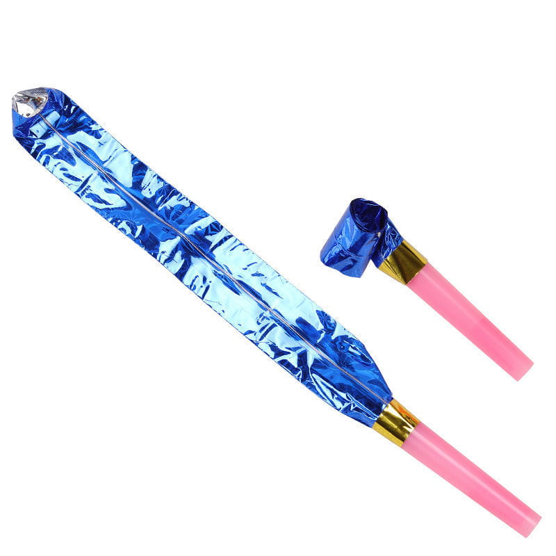 blue metallic party blower noisemaker with pink plastic handle and gold-colored metal accents for kids birthdays 10 pack