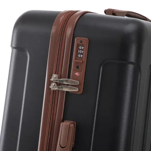 black hard-shell suitcase with brown leather trim and tsa combination lock from a 3 piece abs spinner luggage set
