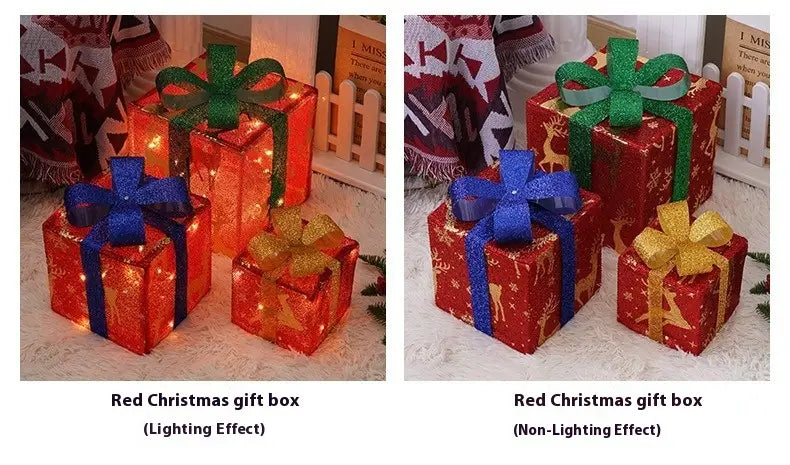 Led Christmas gift box set featuring red boxes with glittery bows and festive patterns illuminated by internal lights.
