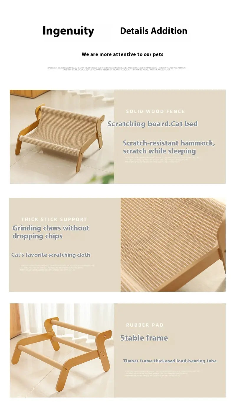 Nido cama tipo sillón reclinable de ratán con tabla de rascado para gatos en madera de color claro, con una superficie de rascado tejida y una estructura resistente.