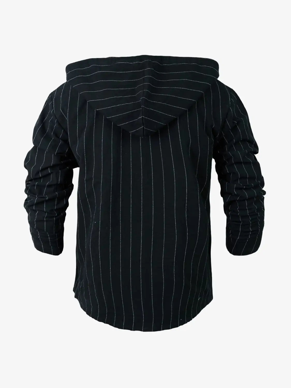 Schwarzes Nadelstreifen-Kapuzen-Leinenhemd für Herren, Slim Fit, mit weißen vertikalen Streifen.