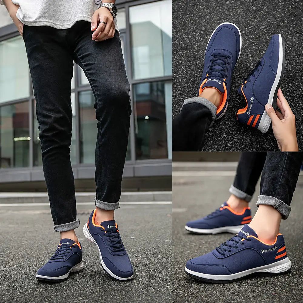Navy blue and orange breathable mesh strong cavalry casual athletic sneakers with white soles for everyday use.