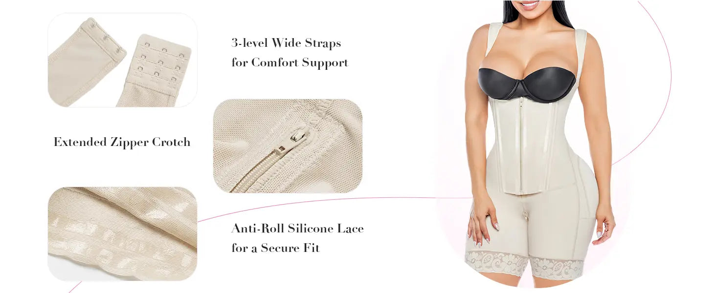 Faja colombiana beige de control del abdomen, modelador corporal, con brasier negro, con tirantes anchos de 3 niveles y ribete de encaje de silicona antihundimiento.