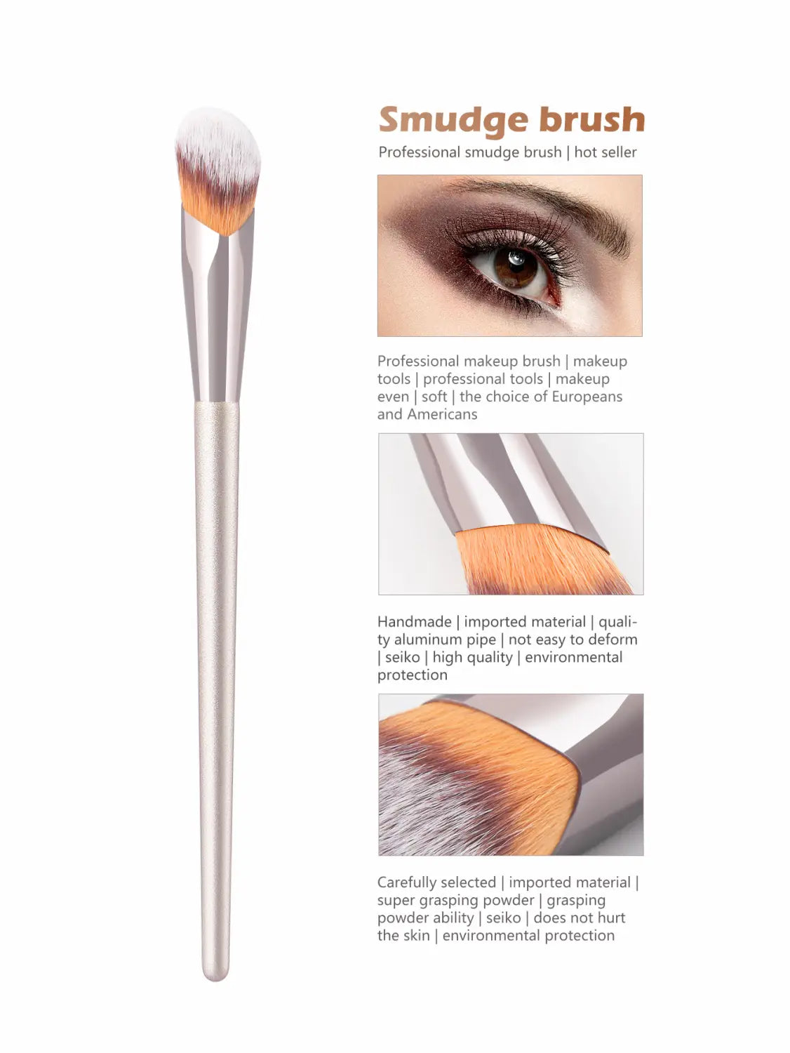 Silver smudge brush with soft tapered bristles and a sleek aluminum handle designed as a professional contour tool for finger belly makeup application.