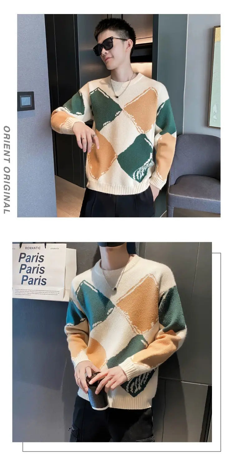 A men’s cream-colored knit sweater with a bold geometric pattern in green and orange featuring ribbed cuffs and hem.