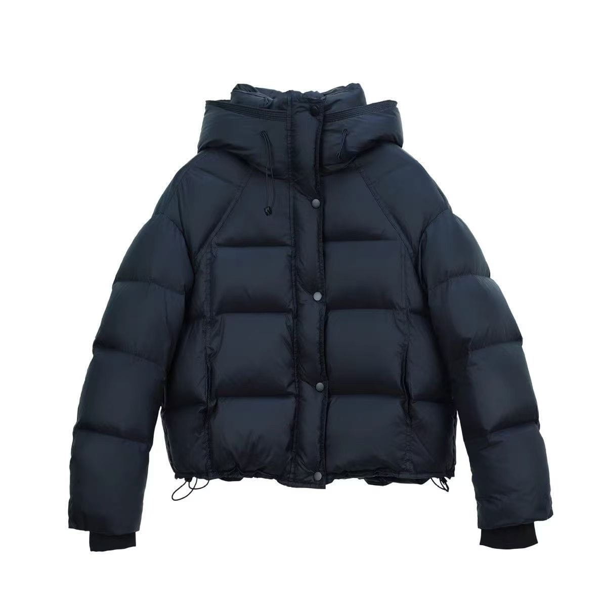Chaqueta acolchada de plumón negra para mujer con capucha, diseño acolchado y puños con cordón, ideal para la ropa de invierno