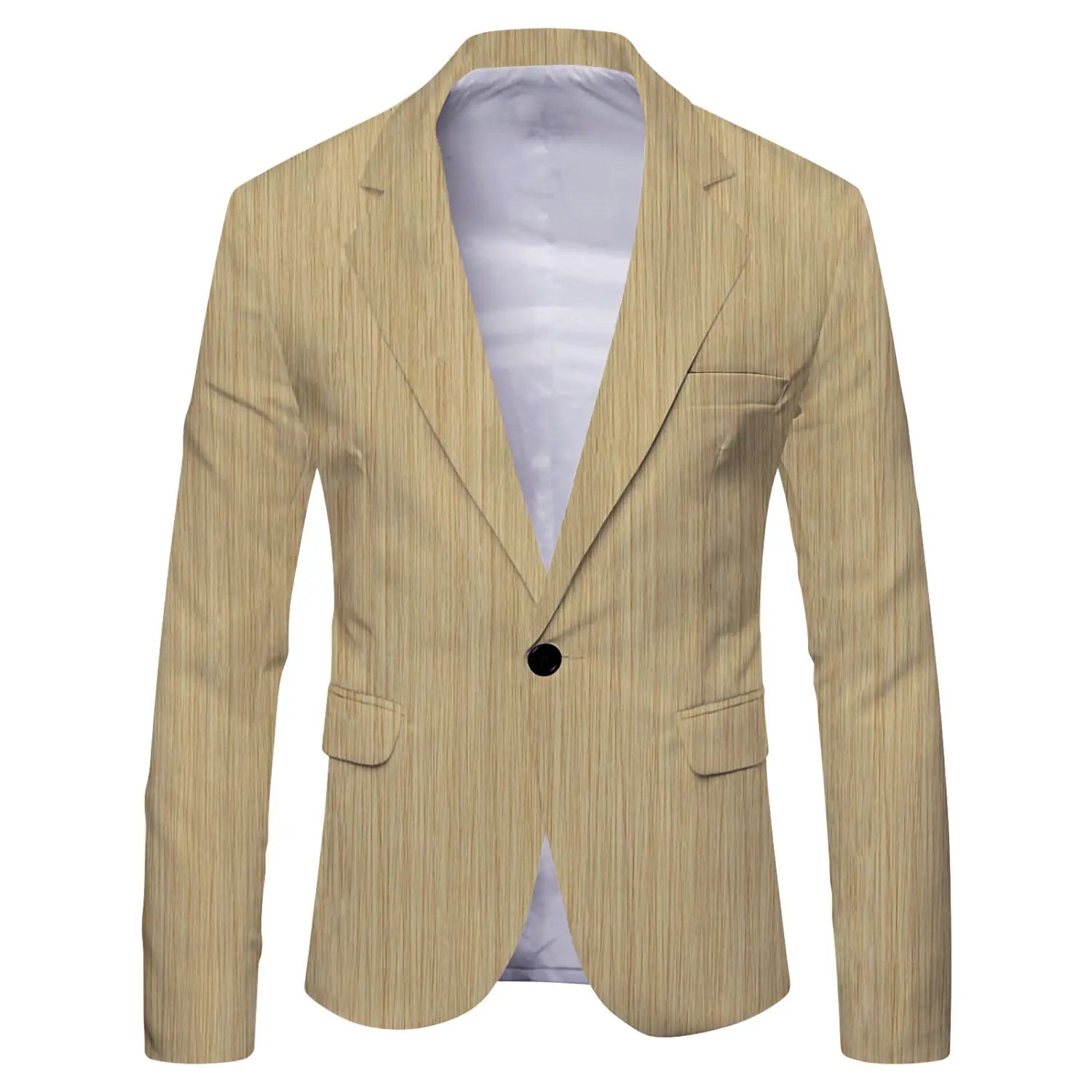Beige pinstripe mens slim fit casual blazer with a single black button and two flap pockets in british style suit design.