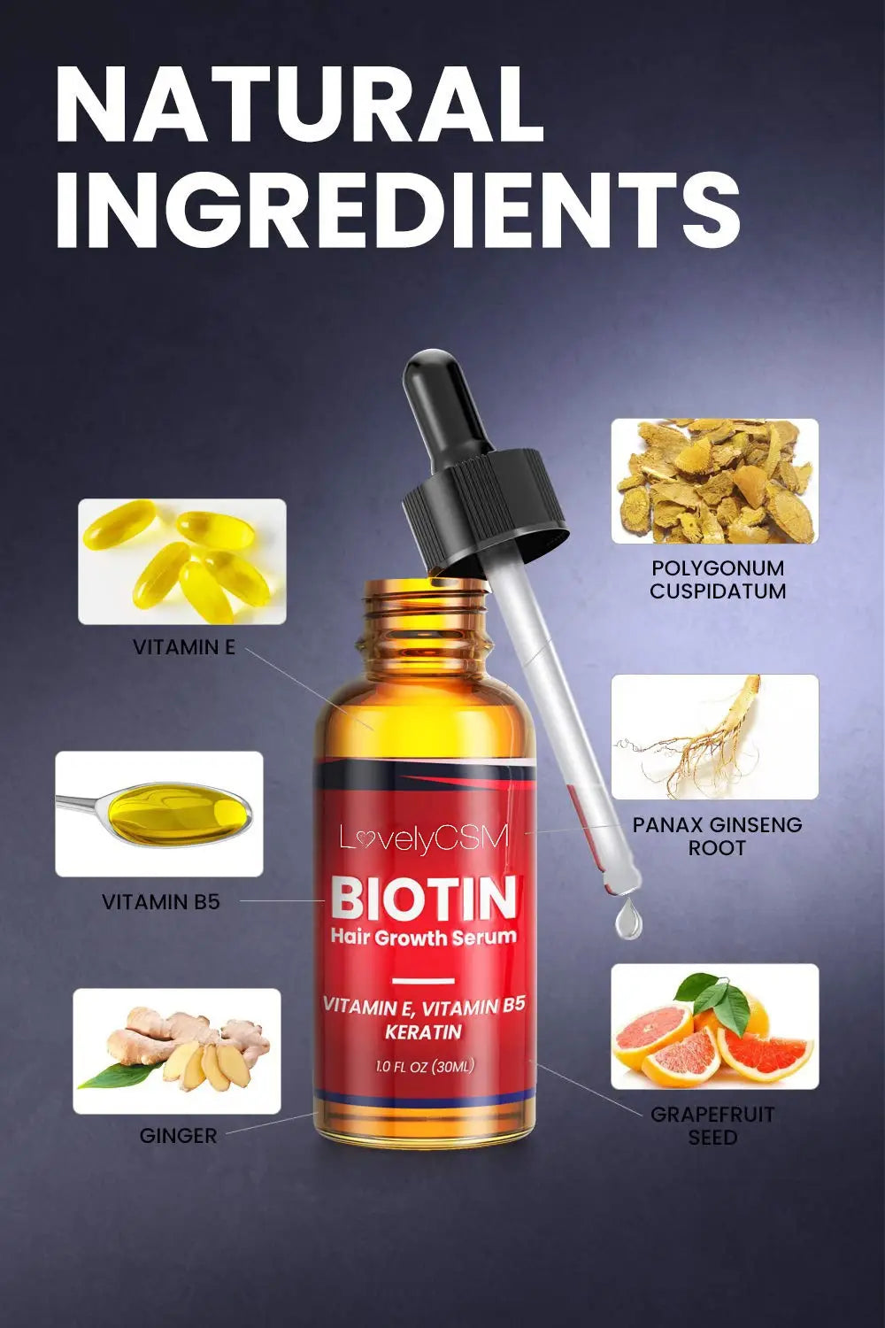 un frasco de vidrio ámbar con tapa negra de gotero y etiqueta roja de lovelycsm con suero para el crecimiento del cabello con biotina, que presenta ingredientes naturales como vitamina E, raíz de ginseng panax, jengibre y semilla de toronja en una fórmula de aceite de jengibre de 30 ml.