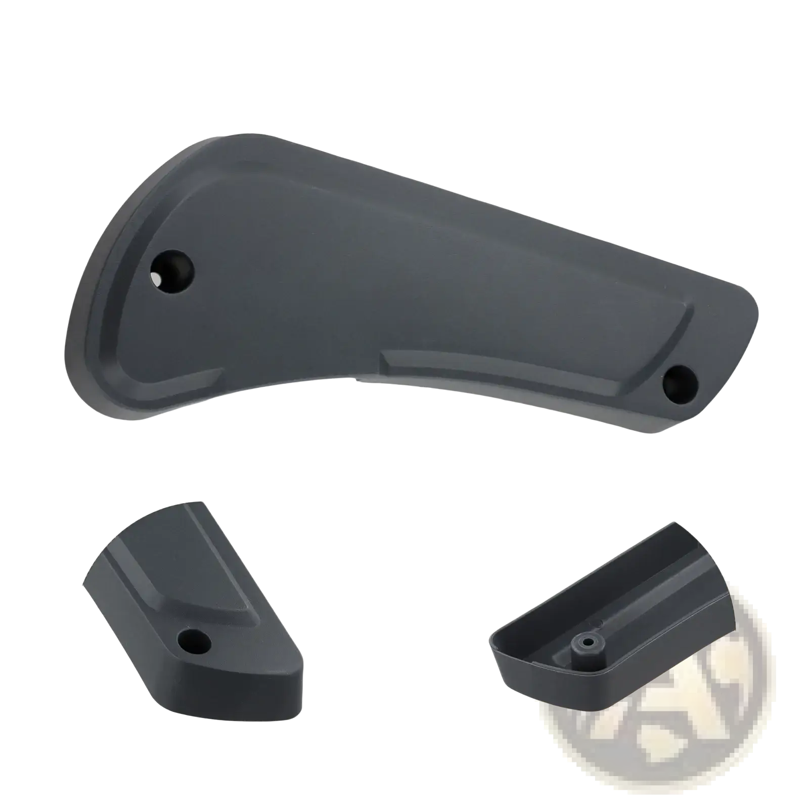 Fiat Ducato driver seat panel handle in dark gray plastic with two circular holes and ergonomic design