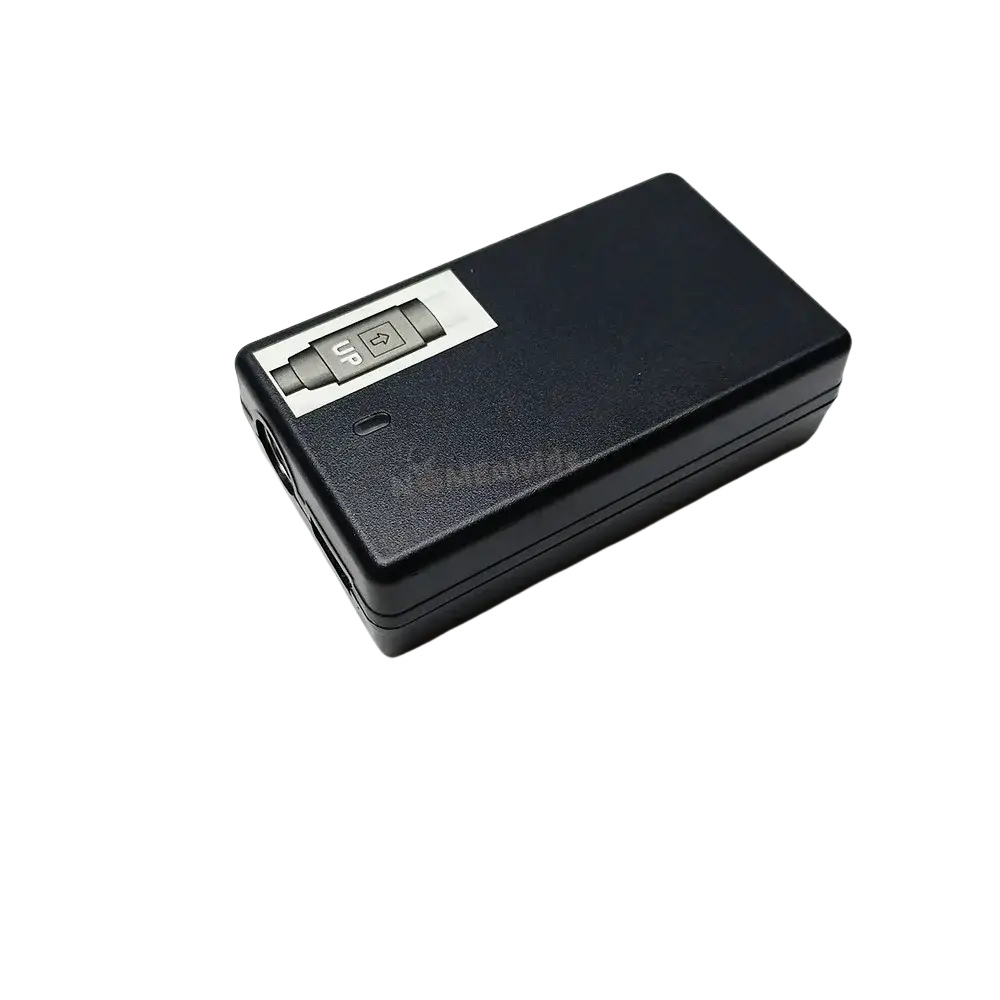 Black rectangular fiber fusion splicer charger with silver panel, buttons, and indicator light for mainland china use