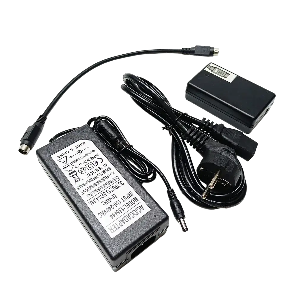 Black plastic fiber fusion splicer charger adapter with coiled cables and european plug for mainland china use