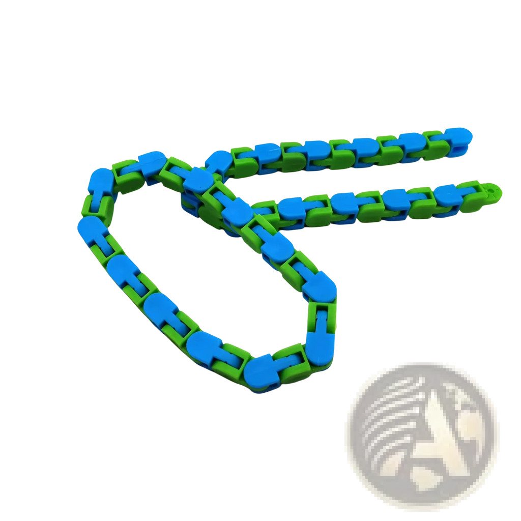 A flexible interlocking fidget chain anti stress toy made of alternating blue and green plastic segments for adults and kids