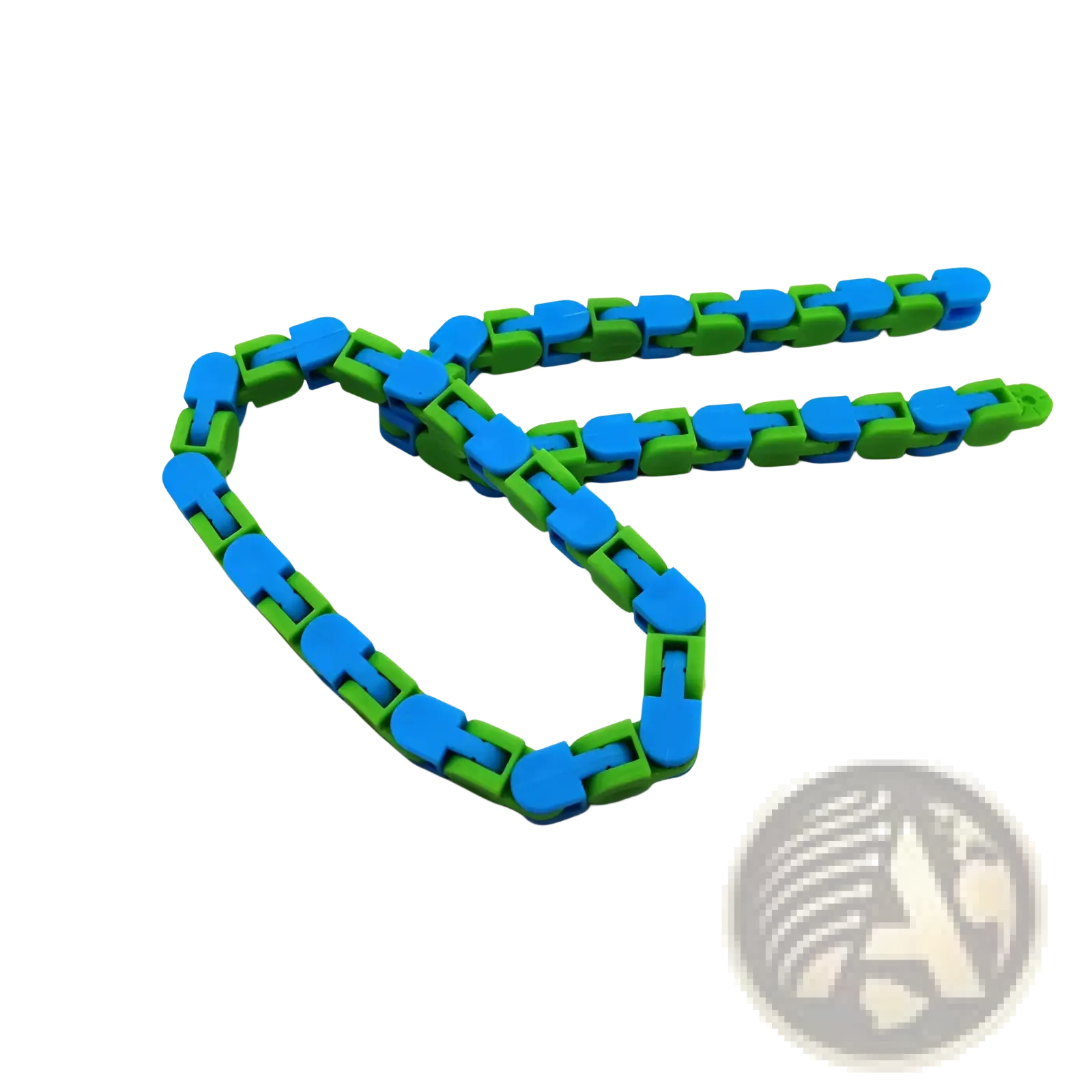 A flexible interlocking fidget chain anti stress toy made of alternating blue and green plastic segments for adults and kids