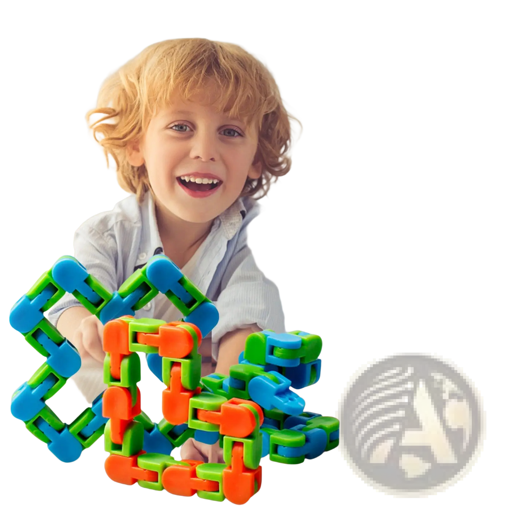 Brightly colored blue and green interlocking plastic fidget chain anti stress toy for adults and kids