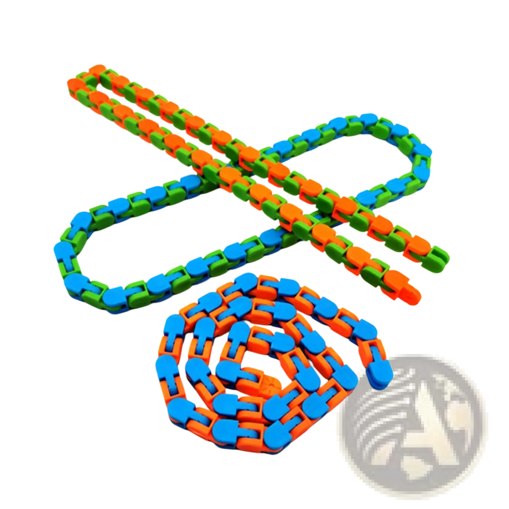 Fidget chain anti stress toy for adults and kids made of brightly colored orange and blue interlocking plastic with green accents