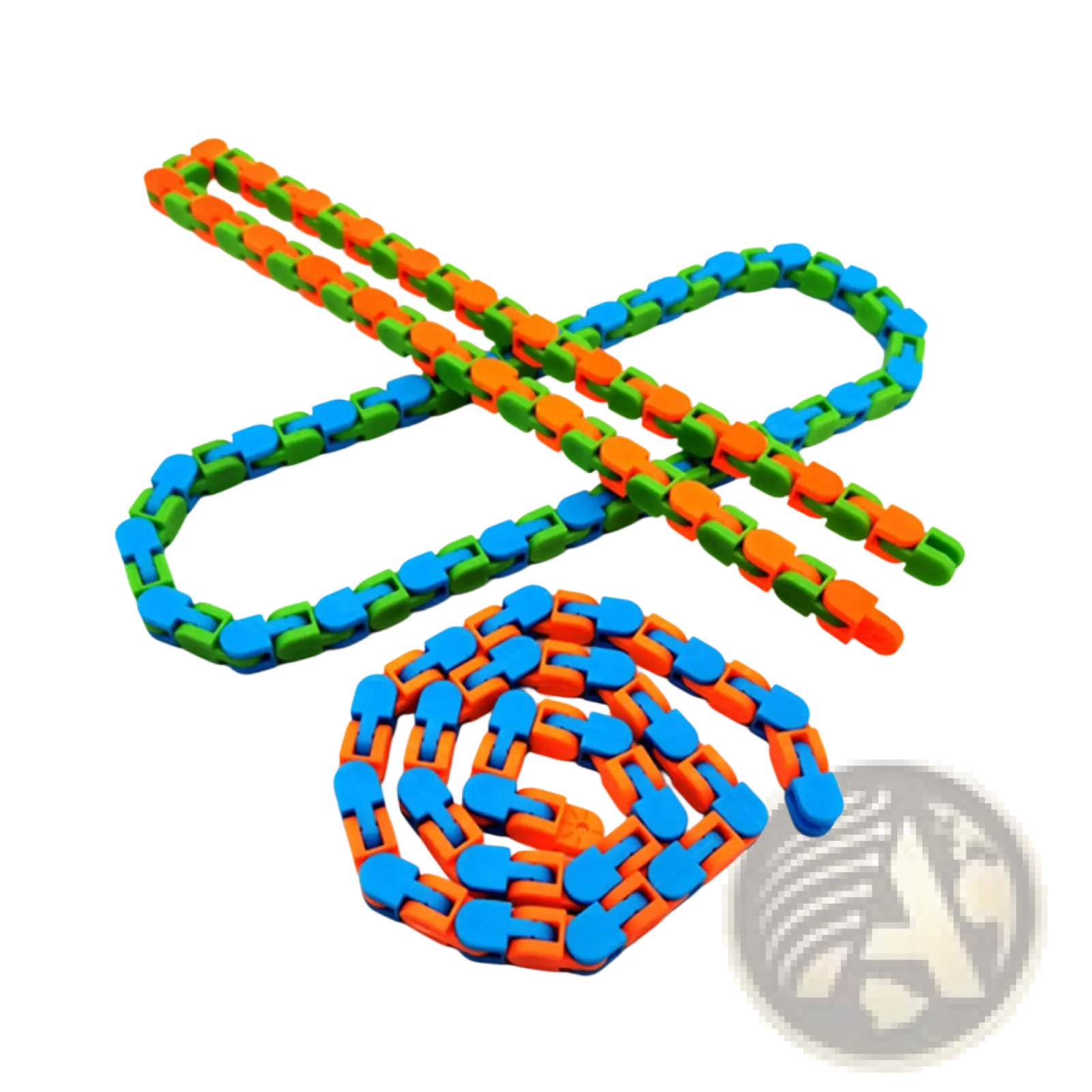 Fidget chain anti stress toy for adults and kids made of brightly colored orange and blue interlocking plastic with green accents