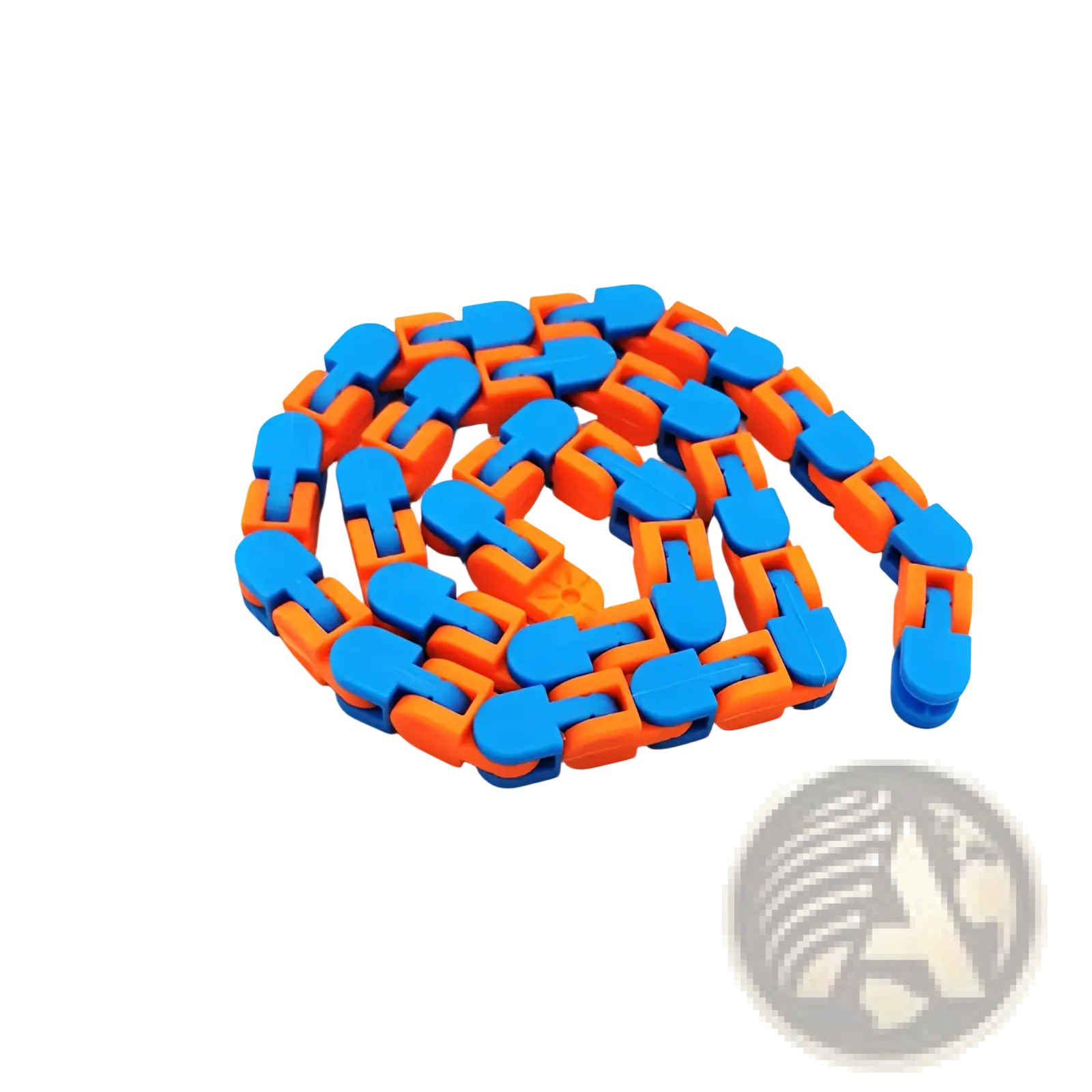 A vibrant orange and blue plastic fidget chain with interlocking segmented links for anti stress use by adults and kids